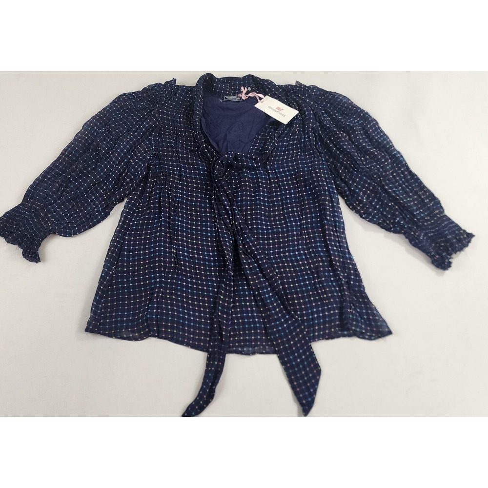 Vineyard Vines Navy Rainbow Polka Dot Puff Sleeve Tie Neck Blouse Womens Small